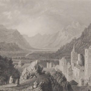 Antique print, engraving, Ruins of the Episcopal Palace, Sion (Canton Valais). After a drawing by William Bartlett and engraved by H Adlard.