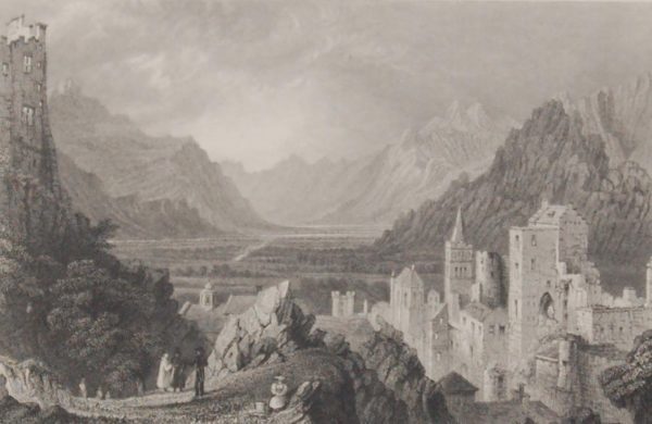 Antique print, engraving, Ruins of the Episcopal Palace, Sion (Canton Valais). After a drawing by William Bartlett and engraved by H Adlard.