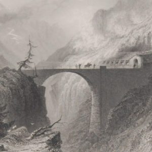 Antique print, engraving Bridge and Avalanche Gallery St Bernhardin. After a drawing by William Bartlett and engraved by J Cousen.