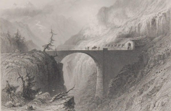 Antique print, engraving Bridge and Avalanche Gallery St Bernhardin. After a drawing by William Bartlett and engraved by J Cousen.