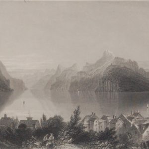Antique print, engraving Tells Chapel and the Meadow of Grutli. After a drawing by William Bartlett and engraved by R Wallis.