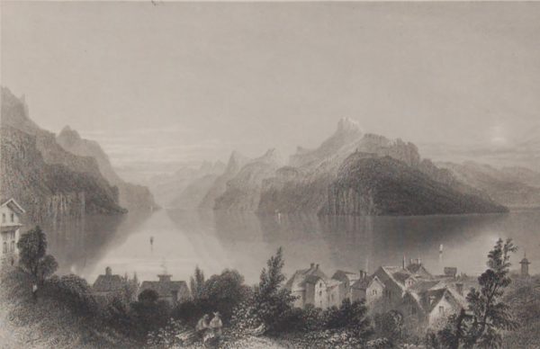 Antique print, engraving Tells Chapel and the Meadow of Grutli. After a drawing by William Bartlett and engraved by R Wallis.