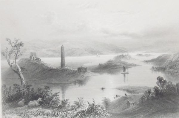 1841 Antique print, an engraving of Devenish Island, county Fermanagh. The print was engraved by J C Armytage and is after a drawing by William Bartlett.