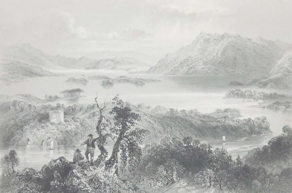 1841 Antique print, an engraving of Hazelwood and Lough Gill in Sligo. The print was engraved by G K Richardson and is after a drawing by William Bartlett.