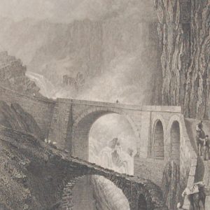 Antique print, engraving, titled the Devils Bridge ( Canton Uri). After a drawing by William Bartlett and engraved by G Richardson.