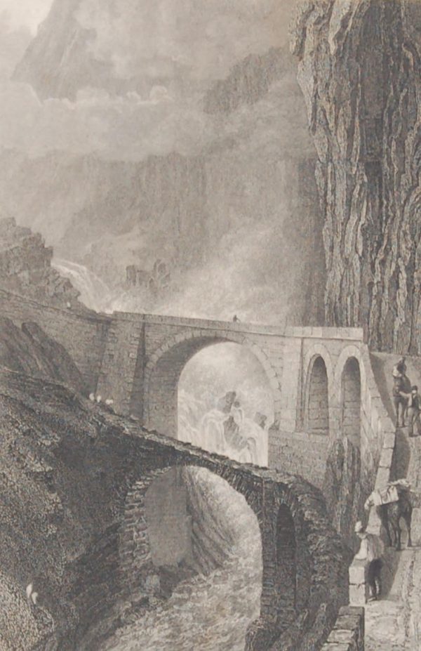 Antique print, engraving, titled the Devils Bridge ( Canton Uri). After a drawing by William Bartlett and engraved by G Richardson.