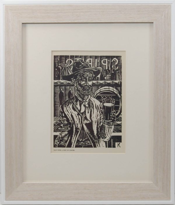 Harry Kernoff 1948 Woodcut, Man with a pint of porter, print is mounted and framed.