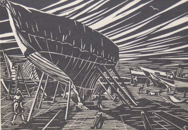 Harry Kernoff Woodcut for sale, Yachts on the hard ,1948 Woodcut by Harry Kernoff framed.