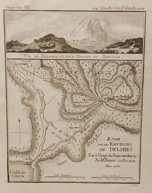 Antique Map published in Paris in 1790, dated 1787. The map is titled Essai sur les Environs de Delphes
