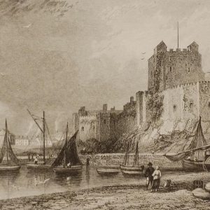 Carrickfergus, Castle and Town, 1832 antique print. Engraved by W Miller and is after a drawing by T M Baynes.