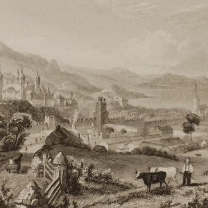 Town and Castle of Glenarm County Antrim, 1832 antique print. Engraved by W Le Petit and is after a drawing by T M Baynes.