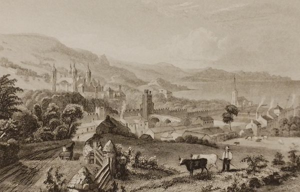 Town and Castle of Glenarm County Antrim, 1832 antique print. Engraved by W Le Petit and is after a drawing by T M Baynes.
