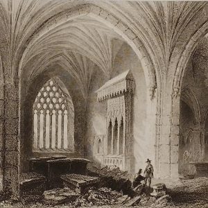 1841 Antique Steel engraving of the Interior of Holy Cross Abbey,Tipperary, Ireland.