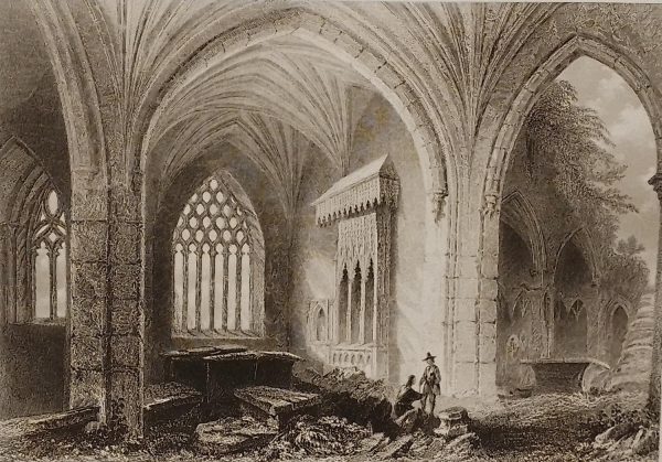 1841 Antique Steel engraving of the Interior of Holy Cross Abbey,Tipperary, Ireland.