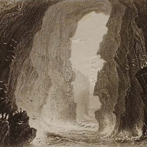 1841 Antique print, a steel engraving of Dunkerry Cave in Antrim.