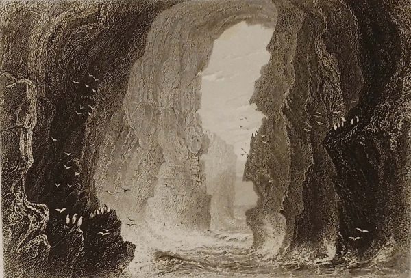 1841 Antique print, a steel engraving of Dunkerry Cave in Antrim.