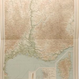 Large antique map from 1922 of France South Eastern section, smaller maps of Corsica and Marseille on bottom right.