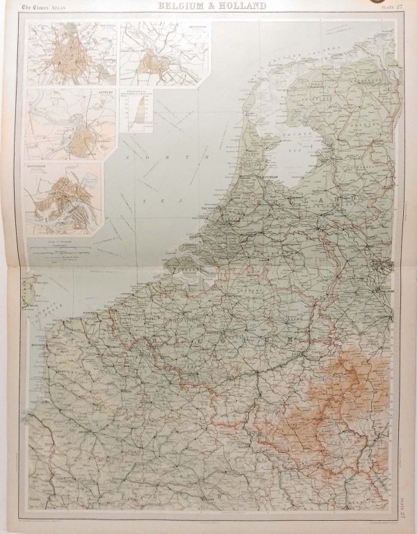 Large antique map from 1922 of Belgium and Holland. Four smaller city maps on the left hand side.