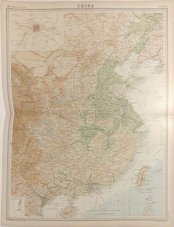 Large antique map from 1922 of China. Small map top left of the Peking and area surrounding.