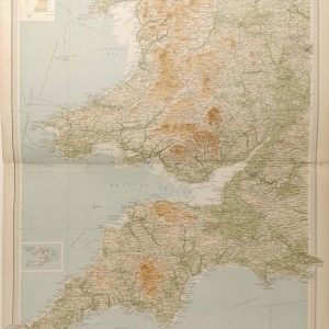 Large antique map from 1922 of England and Wales Southwestern, small map if Scilly isles on left hand side.
