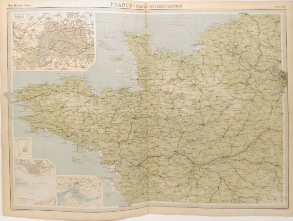 Large antique map from 1922 of France North Western section. Smaller map of Paris top left and two smaller maps bottom left.