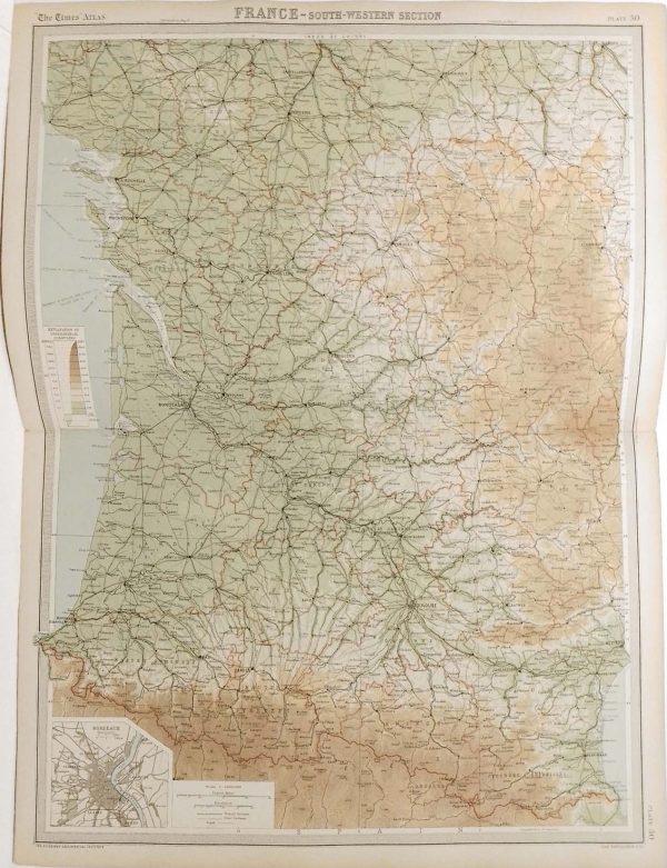 Large antique map from 1922 of France South Western, small map Bordeaux bottom left.