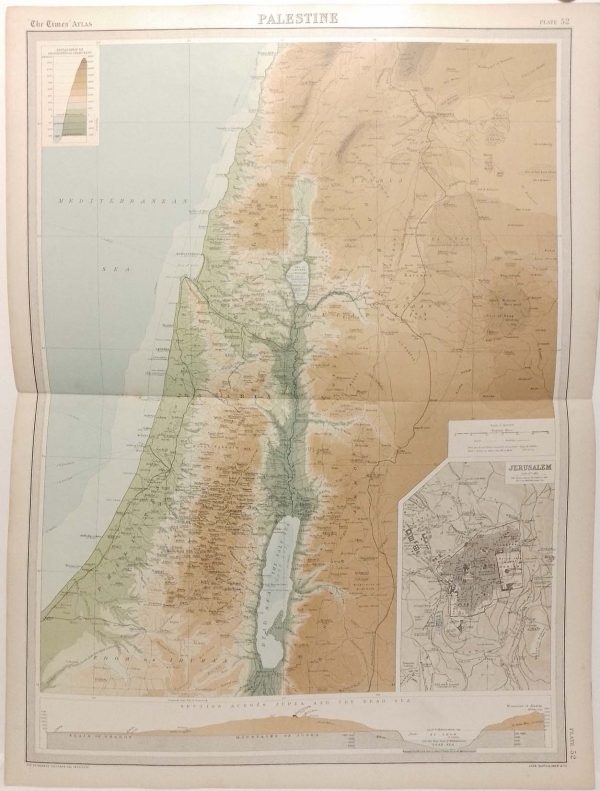 Large antique map from 1922 of Palestine, plan of Jerusalem bottom right