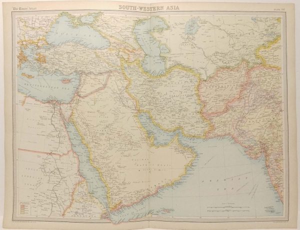 Large antique map South Western Asia Political from 1922. Map covers from Egypt to Bombay.