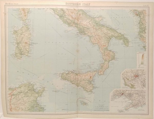 Large antique map from 1922 of Southern Italy, two smaller maps of Naples and Rome on right hand side.