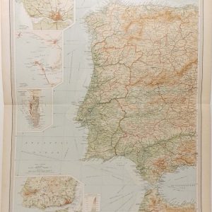 Large antique map from 1922 of Spain and Portugal Western section, four smaller maps on the left hand side.