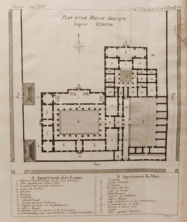 Antique plan published in Paris in 1790. The plan is titled Plan D'une Maison Grecque d'apre Vitruve.