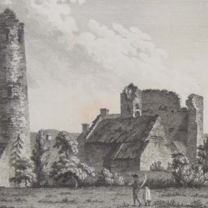 1797 Antique Print a copper plate engraving of the Round Tower and Castle Timahoe, County Laois , Ireland.