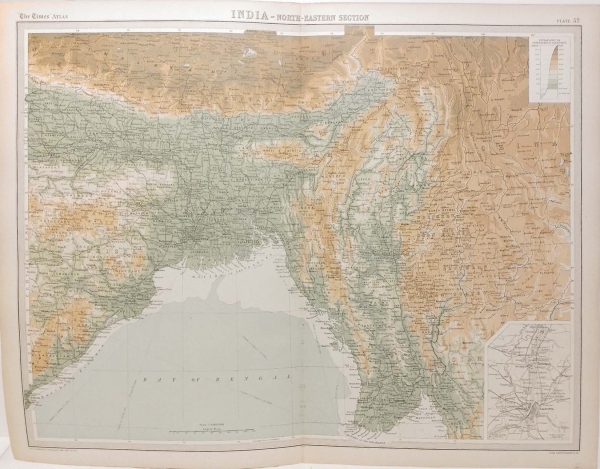 Large antique map from 1922 of India North Eastern Section. Smaller map Calcutta area bottom right.