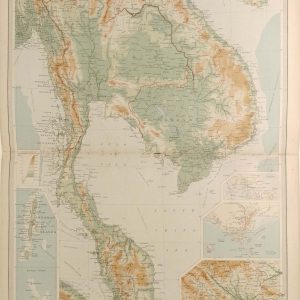 Large antique map from 1922 of Farther India. Smaller map at edges of Singapore, Andaman Islands and others.