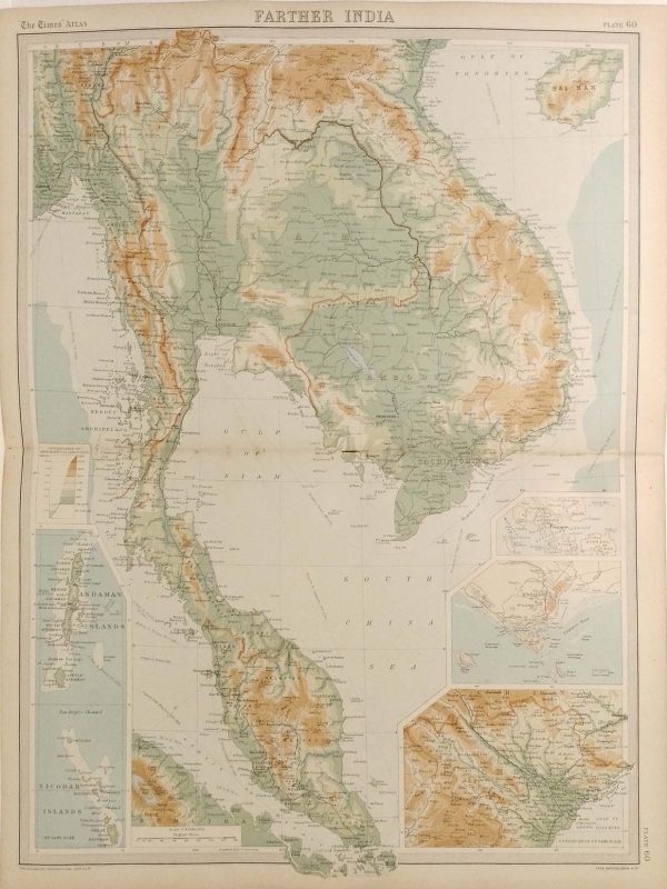 Large antique map from 1922 of Farther India. Smaller map at edges of Singapore, Andaman Islands and others.