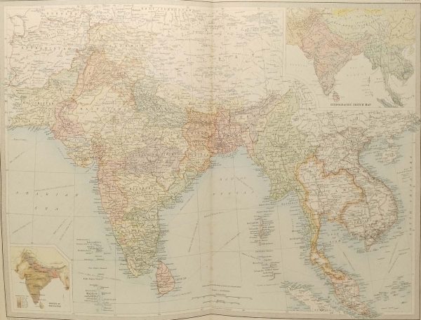 Large antique map from 1922 of India and Farther India, Political. Two smaller maps showing population density and an ethnographic sketch map.