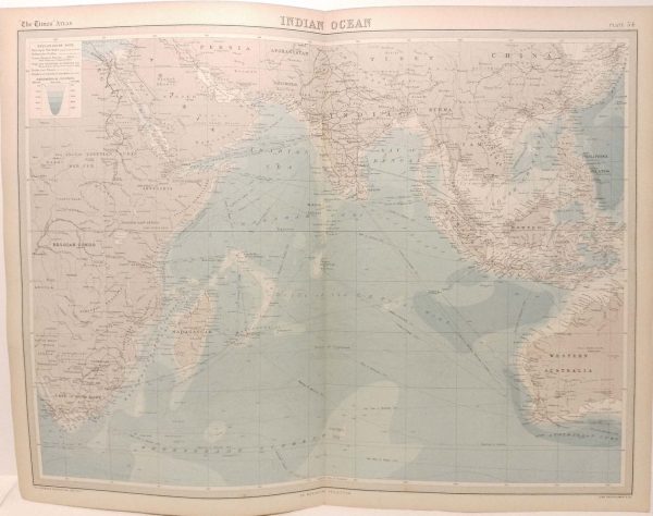 Large antique map from 1922 of the Indian Ocean. The maps cartographer was J. G. Bartholomew
