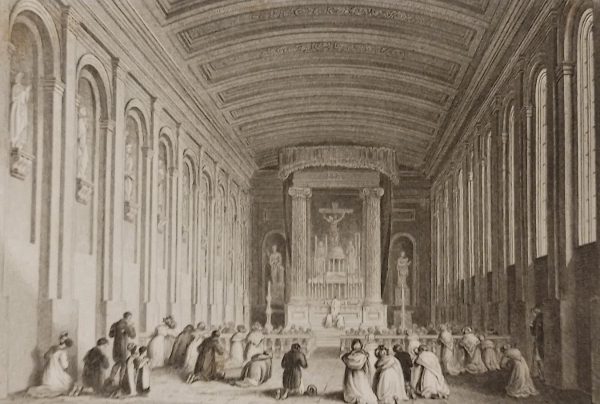 Antique print, titled, interior of the church of the Carmelite Friary, published 1832.