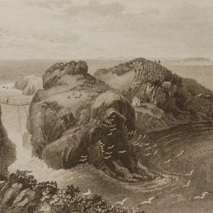 Antique print, titled, Dunluce Castle County Antrim, published 1832. Engraved by J Davies after a drawing by T M Baynes.