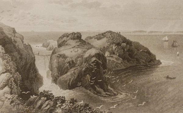 Antique print, titled, Dunluce Castle County Antrim, published 1832. Engraved by J Davies after a drawing by T M Baynes.