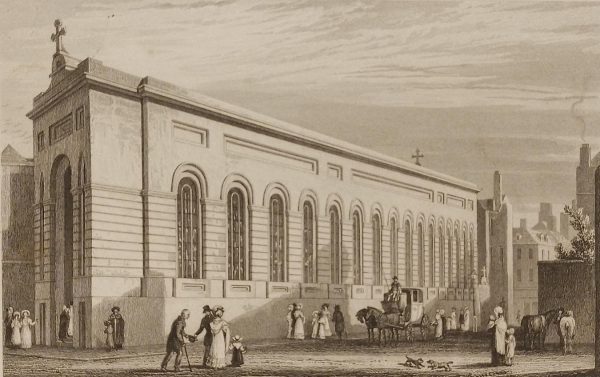 Antique print, titled, the church of the Carmelite Friary, York Row, printed 1829, published 1832.