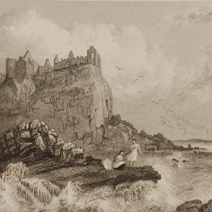 Antique print, titled, Dunluce Castle County Antrim, published 1832. Engraved by S Lacey after a drawing by T M Baynes.