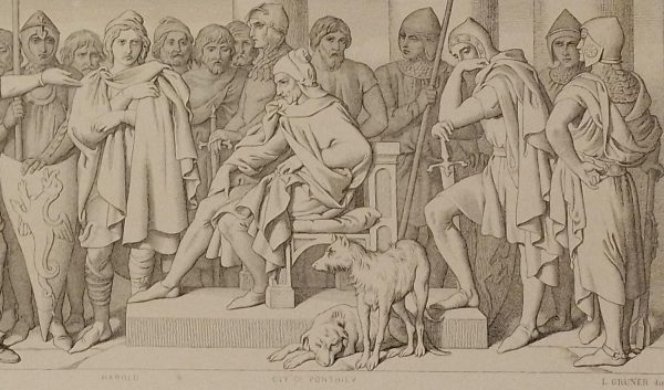 Etching from 1866 after a drawing by Daniel Maclise RA, titled Guy of Ponthieu gives further audience to Harold and his companions
