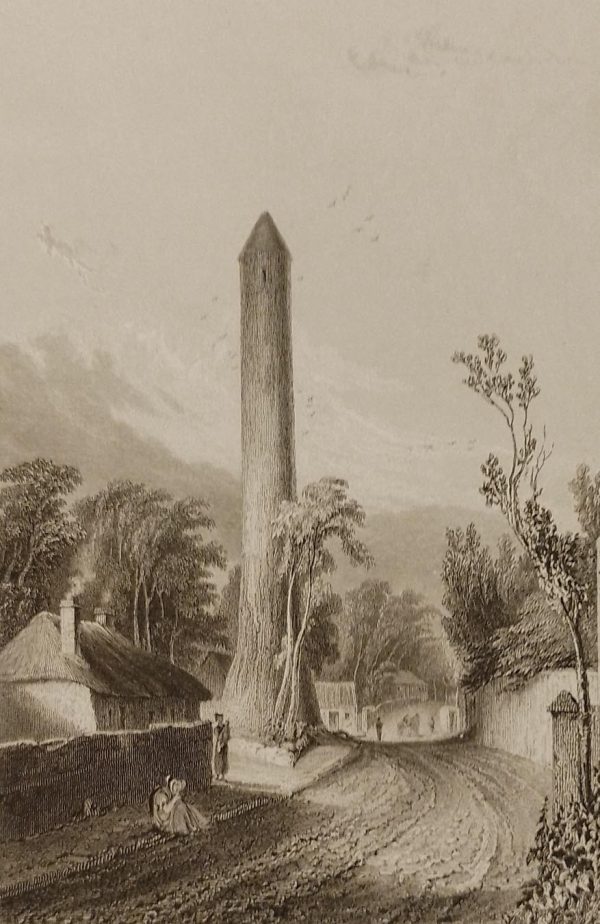 Antique print, titled, the Round Tower of Clondalkin County Dublin, dated 1829, published 1832. Engraved by Robert Brandard after a drawing by George Petrie.