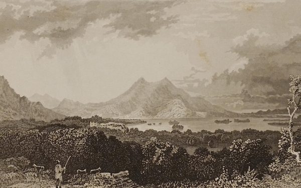 Antique print, titled, The lower lake of Killarney, looking over the Mucruss (Muckross) demesne, published 1832.