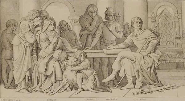 Etching from 1866 after a drawing by Daniel Maclise RA, titled Harold's captivity announced to William of Normandy.