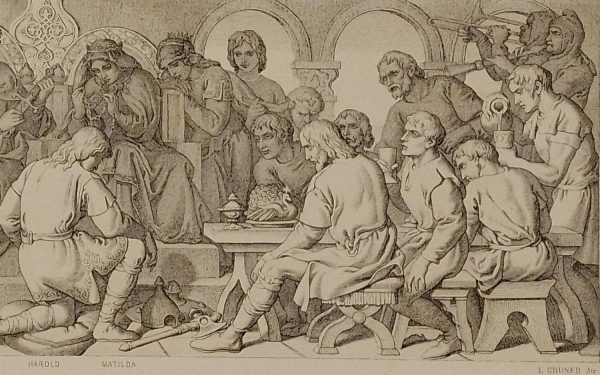 Etching from 1866 after a drawing by Daniel Maclise RA, titled William confers upon Harold the dignity of a Norman Knight.