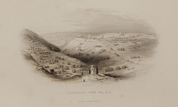 1844 antique print, engraving titled Jerusalem from the N E (North East), engraved by E Brandard. Based on drawings of W H Bartlett of Jerusalem.