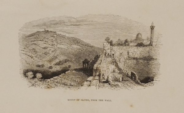 1844 antique print, engraving titled Mount of Olives from the wall. Published in 1844, based on the drawings of W H Bartlett of Jerusalem.