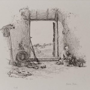 Etching published in 1864, dated in the plate 1842 by Robert Brandard titled The Barn Door